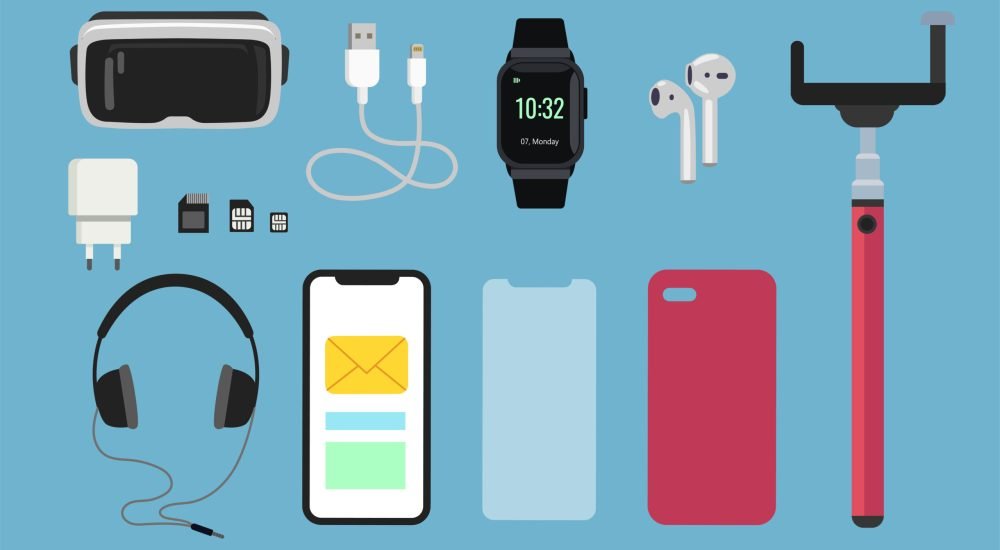 Mobile phone accessories cartoon illustration set. VR glasses 3D model, cellphones case, charger, battery, headphones, smart watch, memory card, selfie stick. Technology, smartphone concept